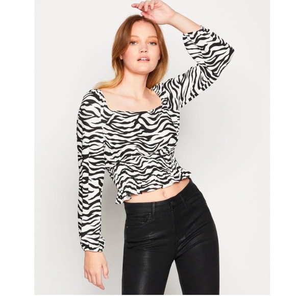 BCBGENERATION | smock waist long puff sleeve crop top in zebra print, size large - Picture 6 of 15